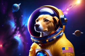 A dog in a yellow spacesuit with a clear spherical helmet at a cosmos background sci-fi illustration