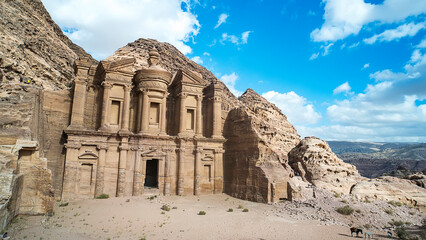 High monumental structure carved into the rock. Ancient ruins of the lost city of Petra. The Monastery - Petra, Jordan
