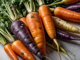 unwashed carrots orange purple white different varieties on light background farmer's harvest close-up