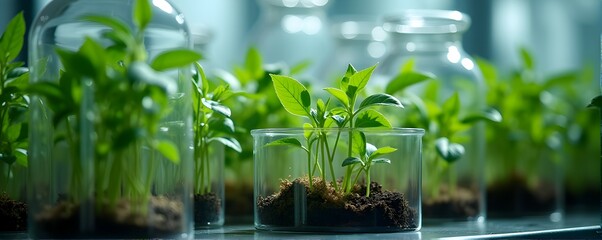 Young plants thrive in lab beakers, a vibrant green life nurtured under controlled conditions.  A testament to scientific growth.