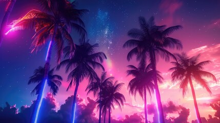 A stunning display of palm trees with neon colors, set against a cosmic background, representing a tropical night concept.
