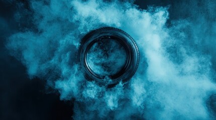 A tire enveloped in a swirl of blue smoke and shadows, exuding a mysterious and moody ambiance, symbolizing movement, mystique, and flow.