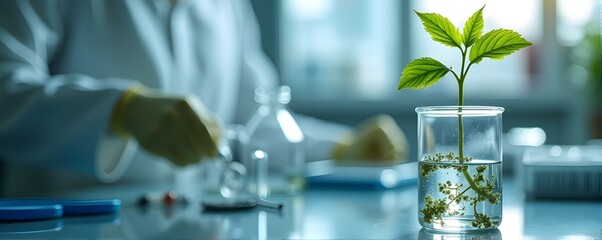 A young sprout thrives in a lab beaker, symbolizing growth, research, and the promise of scientific advancements in a sterile, controlled environment.