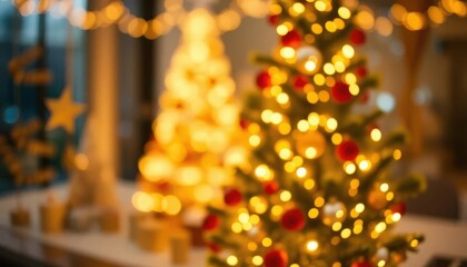 Happy holidays backgrounds with Christmas tree, balls, golden tinsel confetti and snowflakes
