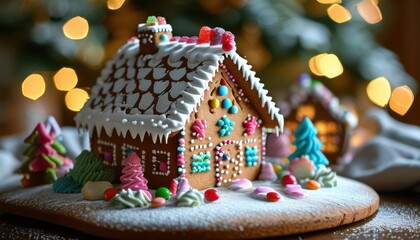 Festive gingerbread house with colorful decorations and holiday lights