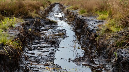 Water filled drainage trenches in a moorland for draining for peat extraction