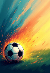 Fototapeta premium Sunlight illuminates soccer ball on green field under vibrant sky background, . Perfect for sports, outdoor, summer, soccer related design