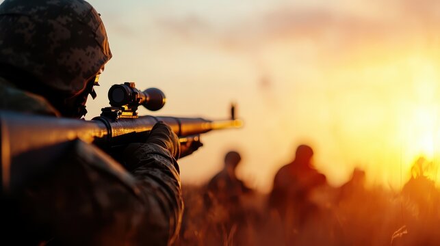 A soldier aims an RPG at the battlefield during sunset, conveying the high stakes and vigilance in a fast-paced and unpredictable combat scenario.