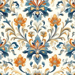 Beautiful pattern of an Italian style motif in the colors blue, orange, black, and cream. Tile design. Ceramic pattern