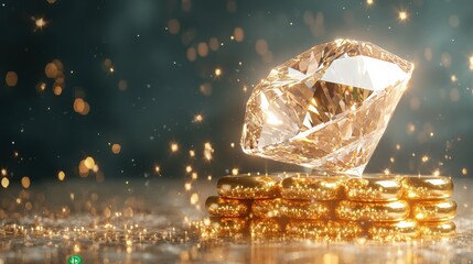 Obraz premium Radiant diamond on glowing gold coins luxurious display studio setting macro view opulence concept