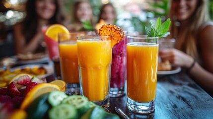 Fototapeta premium Bright sunshine illuminates a table full of colorful drinks and delicious dishes as friends gather to enjoy a cheerful breakfast together, sharing laughter and stories