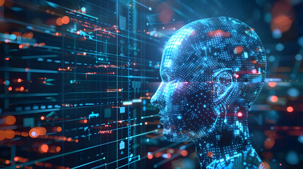 Obraz premium Abstract digital human face profile formed by glowing particles.