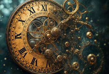 Naklejka premium Gold clockwork gears and Roman numerals are shown disintegrating.