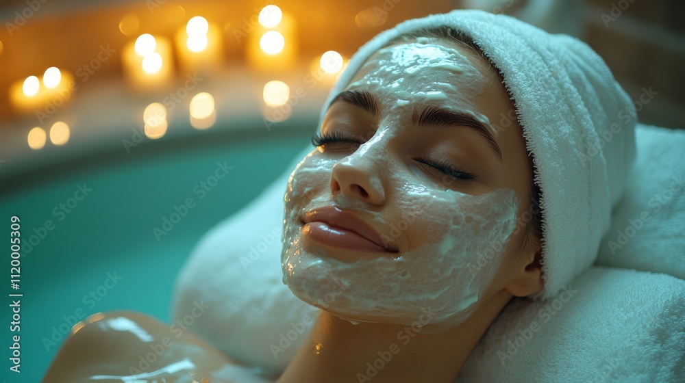 Poster a woman enjoys a calming spa experience with a facial mask applied. the setting features cozy candle