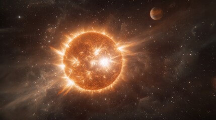 Naklejka premium A brilliant solar eventradiant sun illuminating space cosmic environment celestial viewpoint energy concept