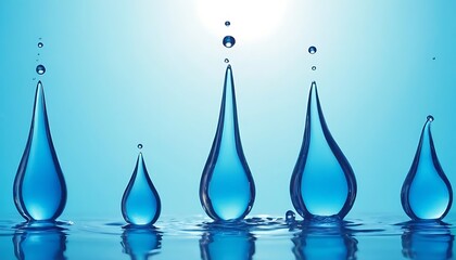 Set of different shining abstract 3d water drops isolated on blue - white background. Graphic design elements, icons or logo,7