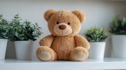 Obraz premium A charming teddy bear with a friendly expression sits comfortably on a shelf. It is surrounded by vibrant green potted plants, creating a warm atmosphere in the room.