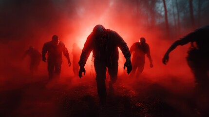 Fototapeta premium Figures emerge eerily from a thick red mist in a forest setting, embodying themes of uncertainty and dread, depicted in a surreal, haunting fashion.
