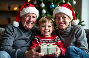 A happy boy receives a Christmas gift from his grandparents while sitting at home on the couch. The Christmas Holiday Season. Selective Focus.