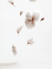 Floating cotton bolls captured gracefully against a soft, white background.