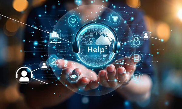 Global tech support concept. Person holding a glowing orb with headphones and 'Help' text, surrounded by digital icons representing online assistance, security, and data. - Powered by Adobe