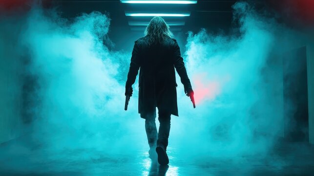A lone figure with long hair, clutching two guns, moves decisively through a smoky blue corridor, channeling tension, determination, and grit in a modern noir setting.