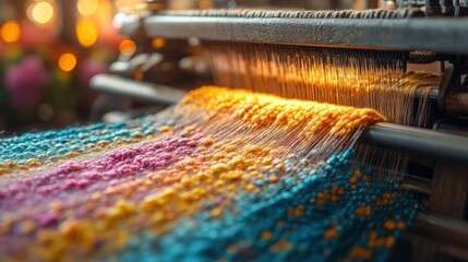 Vibrant Colors Flowing from a Traditional Loom in a Textile Workshop Showcasing the Artistry of Weaving with an Abundance of Yarn Textures and Patterns