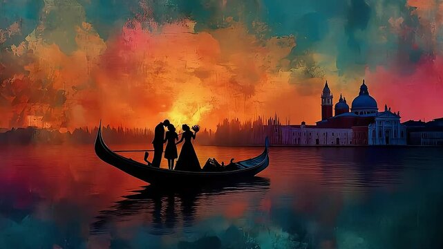 Romantic sunset silhouette of a couple in a gondola on a serene canal.