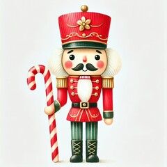 Fototapeta premium Colorful nutcracker soldier with candy cane, symbolizing holiday cheer and festive spirit, ideal for Christmas decor.