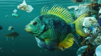 Fototapeta premium A vibrant fish swims amidst plastic waste, highlighting ocean pollution issues.