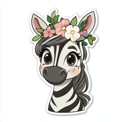 Cute cartoon zebra with floral crown and big eyes.