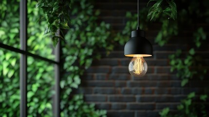 An artistic light bulb casting a warm glow is elegantly draped with greenery against a brick wall, blending industrial charm with natural elegance in a modern setting.