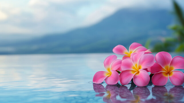 Pink frangipani flowers in the background of the infinity pool with blue water with view to a crystal clear turquoise ocean