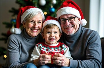 A happy boy receives a Christmas gift from his grandparents while sitting at home on the couch. The Christmas Holiday Season. Selective Focus.