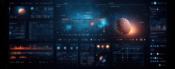 Obraz premium A futuristic digital interface displaying astronomical data, including a celestial body, graphs, and various metrics related to space exploration.