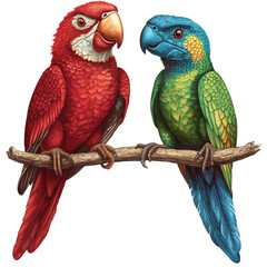 Obraz premium Two vibrant parrots, one red and one green blue, perched on branch, showcasing their colorful feathers and tropical charm