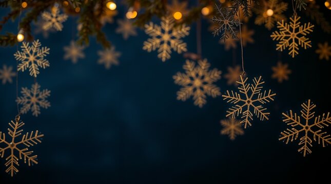 dark blue christmas background with golden snowflakes	