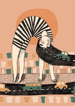 Girl doing acrobatics and her hair is turned into a road