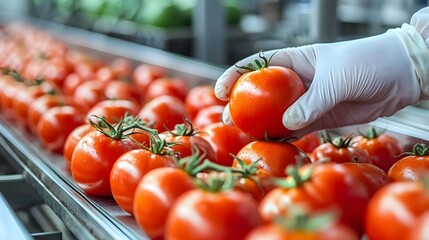 Fresh handpicked tomatoes on conveyor belt in modern food processing facility