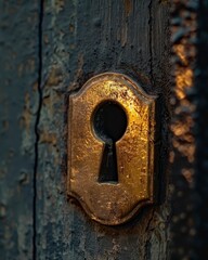 Antique Golden Keyhole on Weathered Wooden Door Mystery Secret Vintage