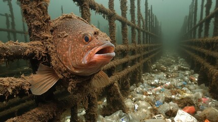 An underwater scene showing a fish near submerged debris in a polluted environment.