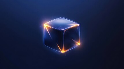 A glowing, transparent cube with light reflections and a dark background.
