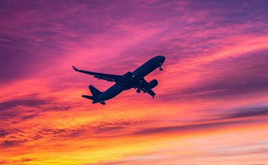 Obraz premium airplane flying against the background of a sunset sky