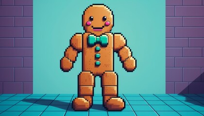 a gingerbread man decorated for the holidays with 8-bit retro gaming graphics