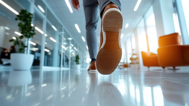 A close-up view of a person walking on the lustrous floor of a contemporary office building, emphasized by the indoor plants and sleek furniture around.