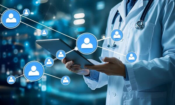 A healthcare professional in a lab coat uses a tablet, surrounded by digital data visualization, symbolizing the intersection of technology and medicine.