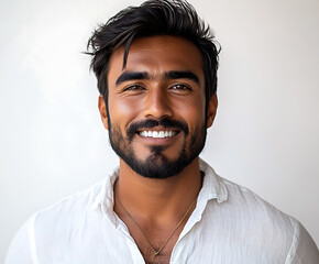 Fototapeta premium Portrait of a Smiling Man with Dark Hair and Beard, Wearing a White Shirt Against a Plain White Background. A Captivating Image of Happiness and Positivity.