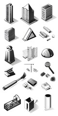 Obraz premium Theme: Architecture and Construction, Icon Set, Shapes, Objects, Black and White, on White Background, Abstract Image, Texture, Pattern Background, Wallpaper, Cover and Screen of Smartphone, PC, Lapto