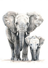 Fototapeta premium The watercolor artwork beautifully portrays a mature elephant and cute baby, highlighting the beauty of wildlife and promoting nature conservation, symbolizing their strong bond