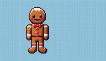 a gingerbread man decorated for the holidays with 8-bit retro gaming graphics